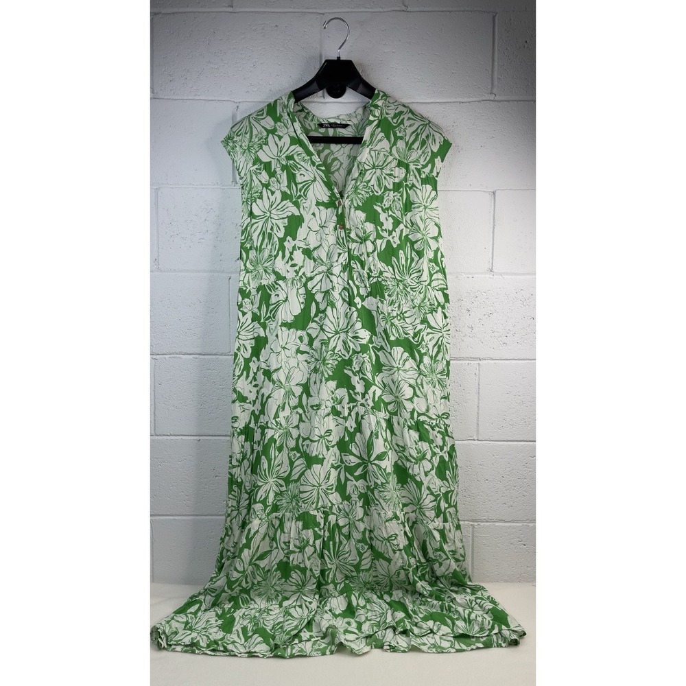 ZARA Green White Floral Midi Dress‎ Medium V Neck Button Front Cottagecore